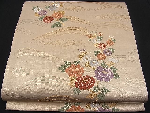 平和屋着物■六通柄袋帯 唐織 立波牡丹花文 金糸 逸品 n-pk1263