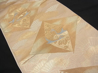 平和屋着物■六通柄袋帯 向かい鶴扇花文 金糸 逸品 n-pk1834