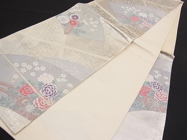 平和屋着物■六通柄袋帯 唐織 花車扇面華文 銀糸 逸品 n-pk1986