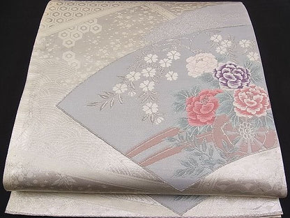 平和屋着物■六通柄袋帯 唐織 花車扇面華文 銀糸 逸品 n-pk1986