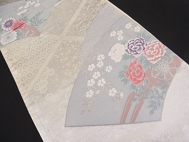 平和屋着物■六通柄袋帯 唐織 花車扇面華文 銀糸 逸品 n-pk1986