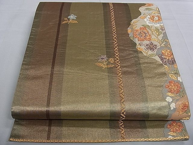 平和屋着物■六通柄袋帯 草花間道 金糸 逸品 pn3646