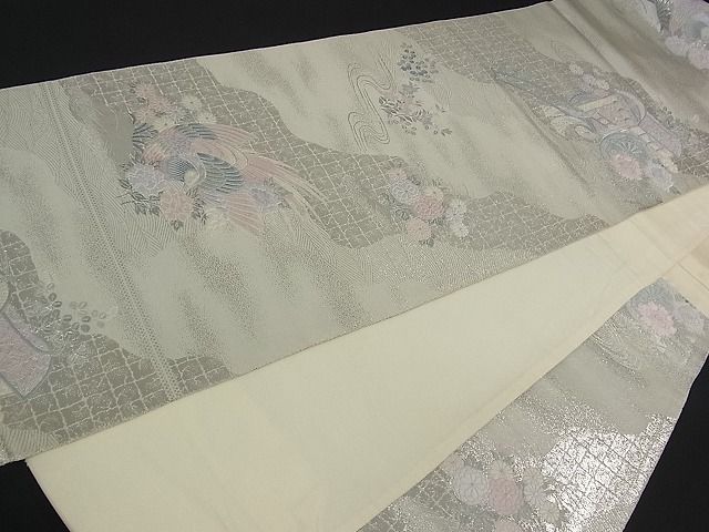 平和屋着物■六通柄袋帯 道長流水御所車鳳凰花文 銀糸 逸品 qp0121