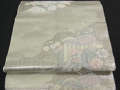平和屋着物■六通柄袋帯 道長流水御所車鳳凰花文 銀糸 逸品 qp0121