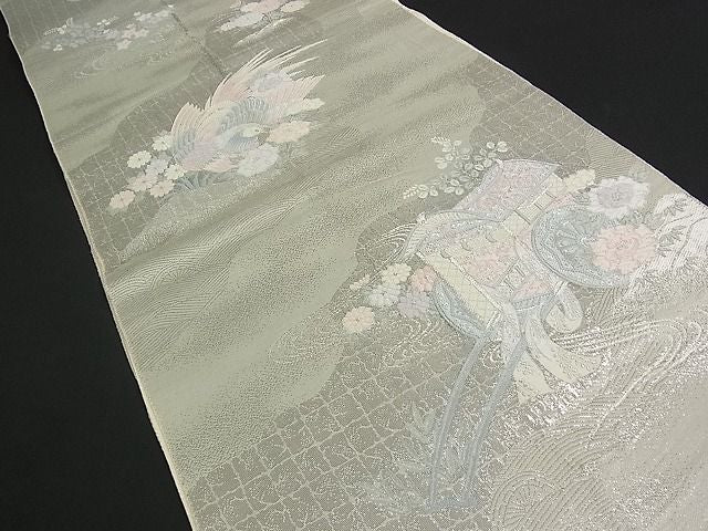 平和屋着物■六通柄袋帯 道長流水御所車鳳凰花文 銀糸 逸品 qp0121