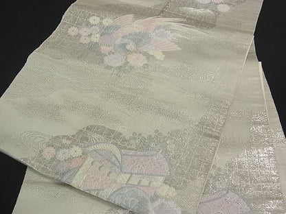 平和屋着物■六通柄袋帯 道長流水御所車鳳凰花文 銀糸 逸品 qp0121