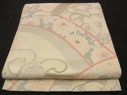 平和屋着物■六通柄袋帯 唐織 立波吉祥花文 銀糸 逸品 n-qw0172