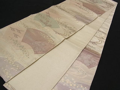 平和屋着物■六通柄袋帯 流水地紙飛鶴花文 金糸 逸品 n-qw0196