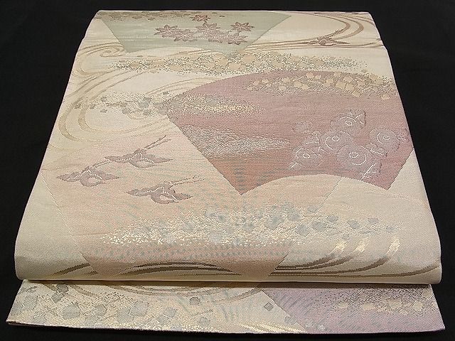 平和屋着物■六通柄袋帯 流水地紙飛鶴花文 金糸 逸品 n-qw0196