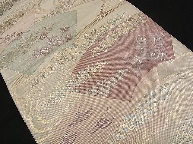 平和屋着物■六通柄袋帯 流水地紙飛鶴花文 金糸 逸品 n-qw0196