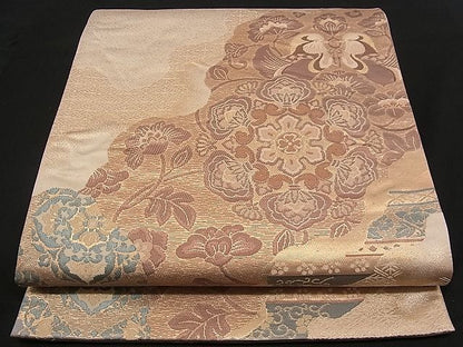 平和屋着物■六通柄袋帯 正倉院向い鳥道長花文 金糸 逸品 n-qw0237