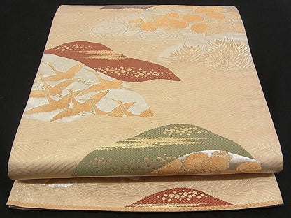 平和屋着物■六通柄袋帯 遠山飛鶴萬寿菊文 金銀糸 逸品 n-qw0239