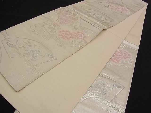 平和屋着物■六通柄袋帯 唐織 流水地紙牡丹花文 銀糸 逸品 n-qw0312