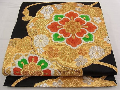 平和屋着物■六通柄袋帯 唐織 鏡裏花文 黒地 金銀糸 逸品 n-qw0346
