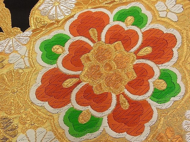 平和屋着物■六通柄袋帯 唐織 鏡裏花文 黒地 金銀糸 逸品 n-qw0346