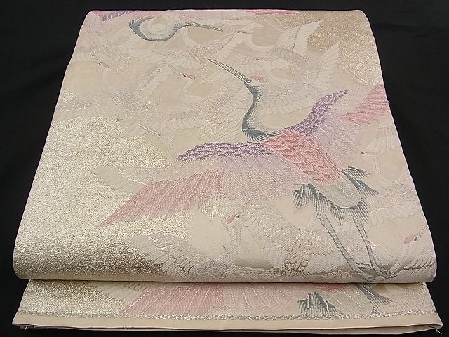 平和屋着物■六通柄袋帯 唐織 瑞湖鶴 銀糸 逸品 n-qw0352