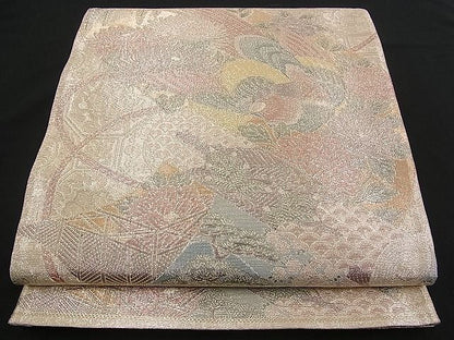 平和屋着物■佐賀錦 六通柄袋帯 尾長鳥吉祥御所車花絵巻文 900織特選 金糸 逸品 n-qw0367