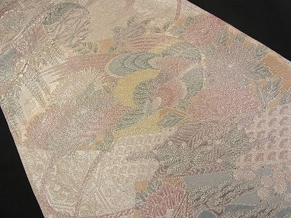 平和屋着物■佐賀錦 六通柄袋帯 尾長鳥吉祥御所車花絵巻文 900織特選 金糸 逸品 n-qw0367