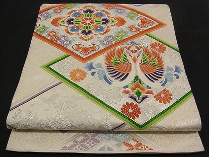 平和屋着物■六通柄袋帯 唐織 向かい鳥吉祥花菱文 銀糸 逸品 n-qw0422