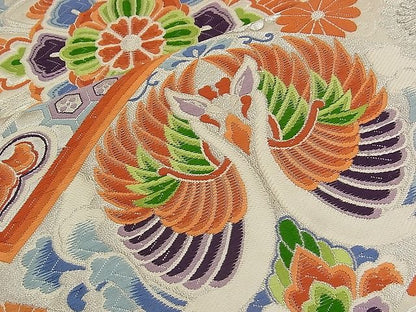 平和屋着物■六通柄袋帯 唐織 向かい鳥吉祥花菱文 銀糸 逸品 n-qw0422