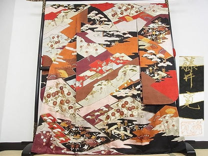 平和屋本店■極上 皇室献上作家　藤井寛 振袖 駒刺繍 風絵抄 金彩 反端付き 着丈169cm 裄丈70cm 正絹 逸品 未使用 3kk3420