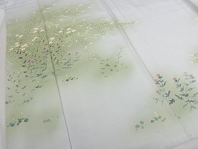 平和屋本店■極上　加賀友禅の巨匠　初代　由水十久　訪問着　単衣　秋草　蕎麦切色地　正絹　逸品　kk540