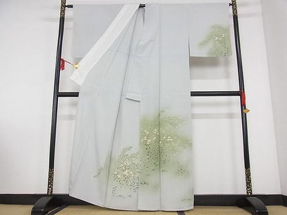 平和屋本店■極上　加賀友禅の巨匠　初代　由水十久　訪問着　単衣　秋草　蕎麦切色地　正絹　逸品　kk540