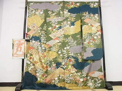 平和屋本店●極上　皇室献上作家　藤井寛　振袖　駒刺繍　八つ橋　風景花文　金彩　着丈170.5cm　裄丈68cm　正絹　逸品　4kk0235
