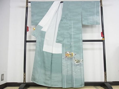 平和屋本店●極上 人間国宝・羽田登喜男 訪問着 鴛鴦 たたき染め 金銀彩 さが美扱い 着丈157.5cm 裄丈66cm 正絹 逸品 4kk0028