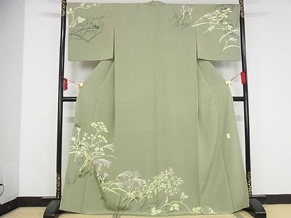 平和屋本店■極上　本加賀友禅作家　由水煌人　訪問着　草花文　さが美扱い　利休茶　着丈169.5cm　裄丈68cm　正絹　4kk4142