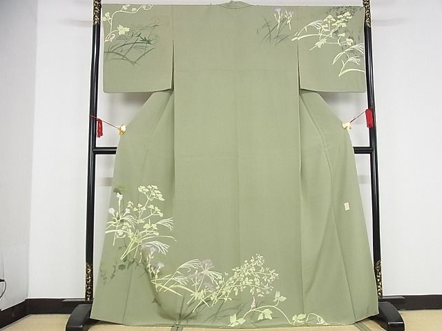 平和屋本店■極上　本加賀友禅作家　由水煌人　訪問着　草花文　さが美扱い　利休茶　着丈169.5cm　裄丈68cm　正絹　4kk4142