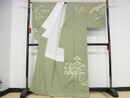 平和屋本店■極上　本加賀友禅作家　由水煌人　訪問着　草花文　さが美扱い　利休茶　着丈169.5cm　裄丈68cm　正絹　4kk4142