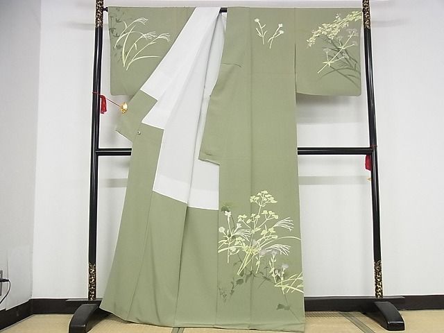 平和屋本店■極上　本加賀友禅作家　由水煌人　訪問着　草花文　さが美扱い　利休茶　着丈169.5cm　裄丈68cm　正絹　4kk4142