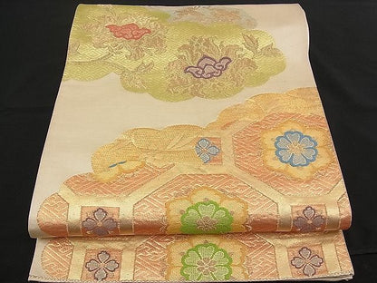 平和屋着物■六通柄袋帯 唐織 雲取り吉祥花文 金糸 逸品 n-rf1441