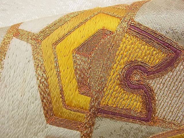 平和屋着物■六通太鼓柄袋帯 総刺繍 駒刺繍 片輪車 金糸 逸品 n-rv0051