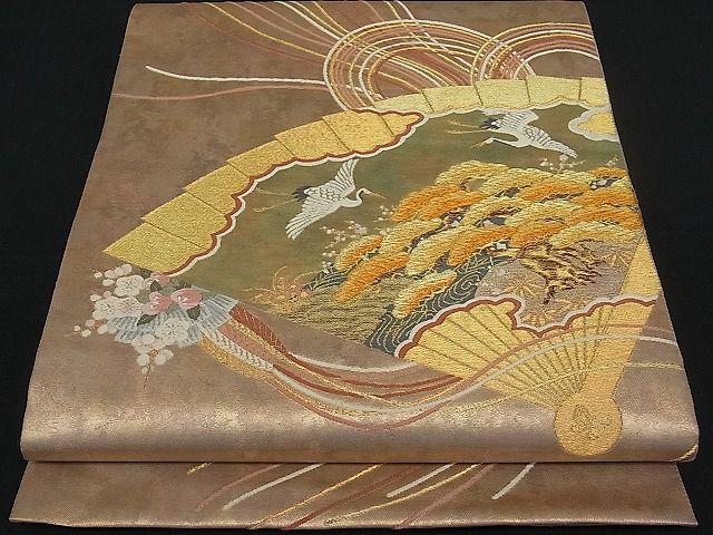 平和屋着物■六通太鼓柄袋帯 唐織 檜扇飛鶴花松文 金糸 逸品 CAAB1933rv
