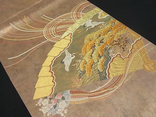平和屋着物■六通太鼓柄袋帯 唐織 檜扇飛鶴花松文 金糸 逸品 CAAB1933rv