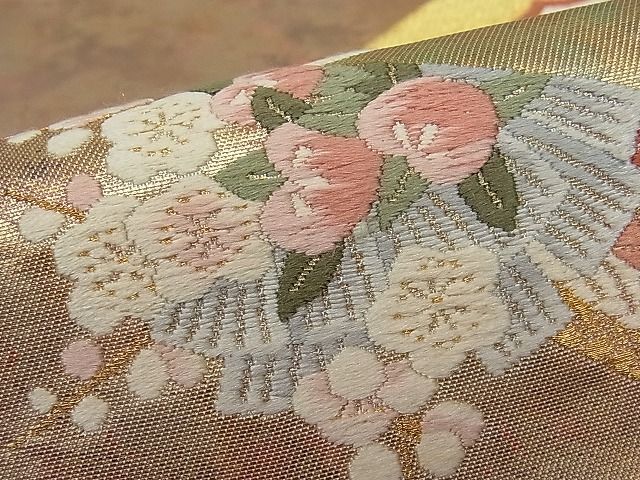 平和屋着物■六通太鼓柄袋帯 唐織 檜扇飛鶴花松文 金糸 逸品 CAAB1933rv