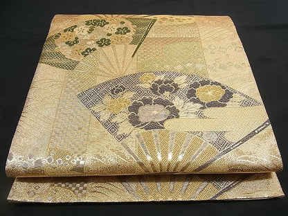 平和屋着物■佐賀錦 六通柄袋帯 扇面花文 金糸 逸品 n-rv0089