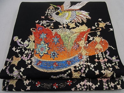 平和屋本店●最高級　龍村平蔵製　千代乃冠錦　本袋帯　黒地　金糸　逸品3s1047