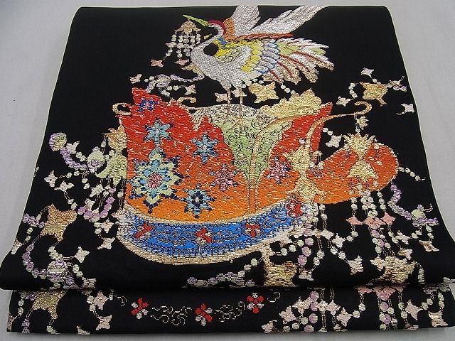 平和屋本店●最高級　龍村平蔵製　千代乃冠錦　本袋帯　黒地　金糸　逸品3s1047