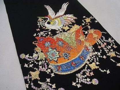 平和屋本店●最高級　龍村平蔵製　千代乃冠錦　本袋帯　黒地　金糸　逸品3s1047