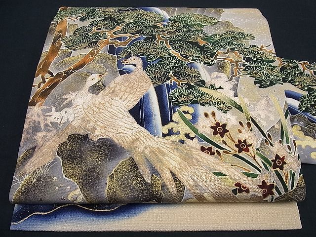 平和屋本店●極上 浦野理一 九寸名古屋帯 花鳥文 金彩 鬼しぼ縮緬 逸品 未使用3s1054