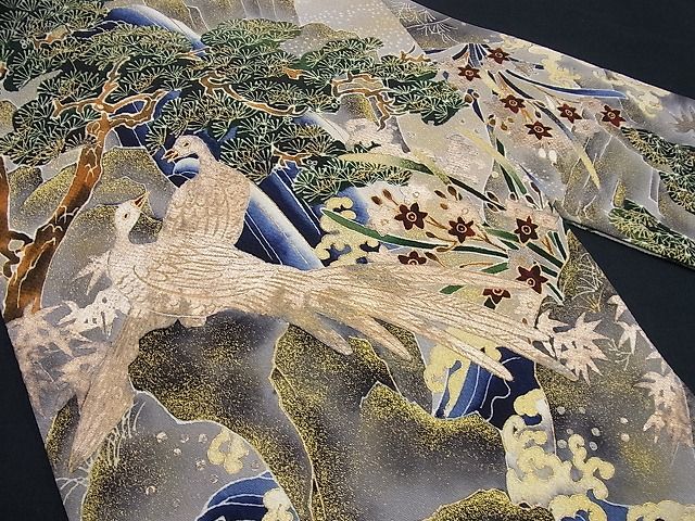 平和屋本店●極上 浦野理一 九寸名古屋帯 花鳥文 金彩 鬼しぼ縮緬 逸品 未使用3s1054