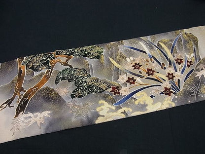 平和屋本店●極上 浦野理一 九寸名古屋帯 花鳥文 金彩 鬼しぼ縮緬 逸品 未使用3s1054