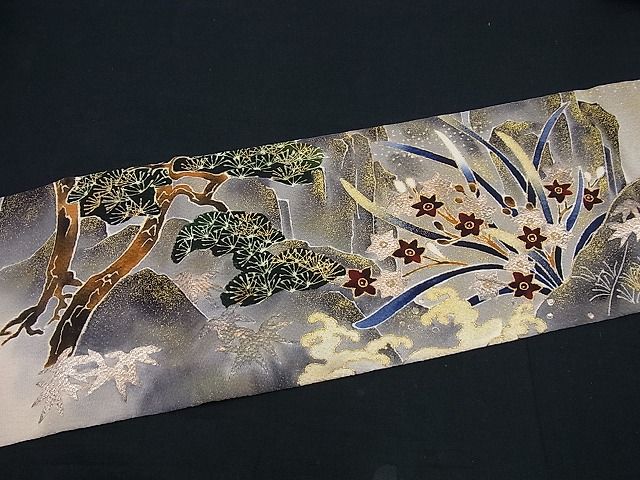 平和屋本店●極上 浦野理一 九寸名古屋帯 花鳥文 金彩 鬼しぼ縮緬 逸品 未使用3s1054