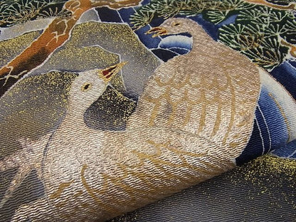 平和屋本店●極上 浦野理一 九寸名古屋帯 花鳥文 金彩 鬼しぼ縮緬 逸品 未使用3s1054