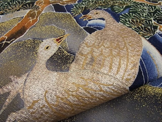 平和屋本店●極上 浦野理一 九寸名古屋帯 花鳥文 金彩 鬼しぼ縮緬 逸品 未使用3s1054