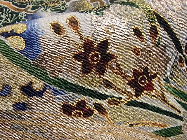 平和屋本店●極上 浦野理一 九寸名古屋帯 花鳥文 金彩 鬼しぼ縮緬 逸品 未使用3s1054