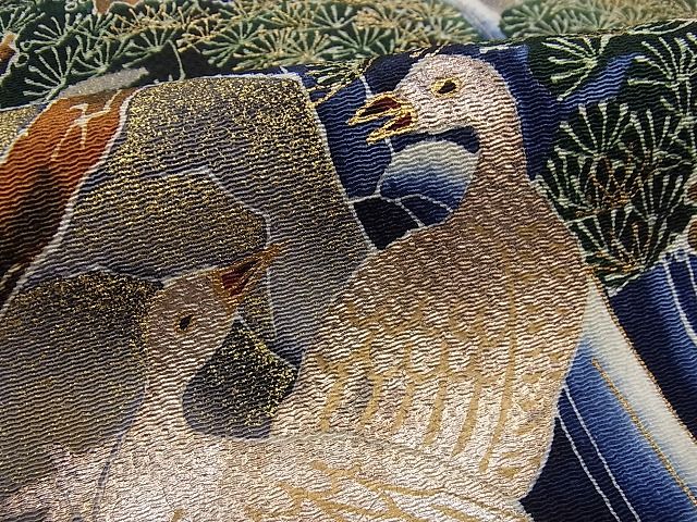 平和屋本店●極上 浦野理一 九寸名古屋帯 花鳥文 金彩 鬼しぼ縮緬 逸品 未使用3s1054